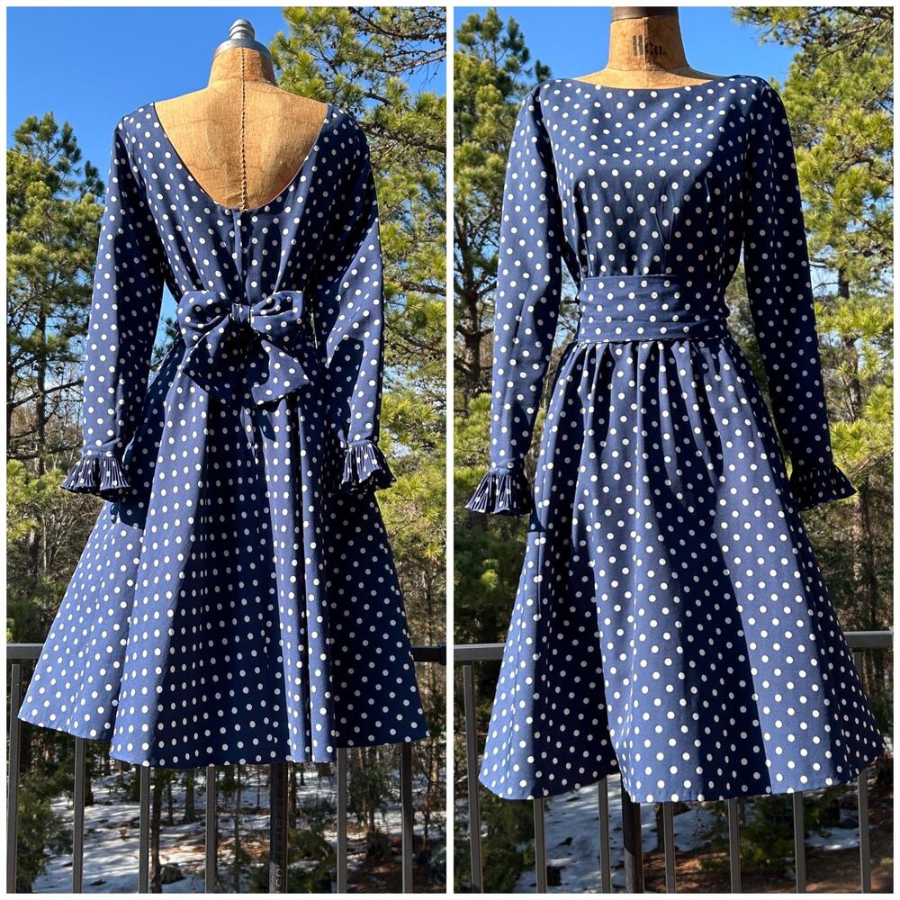 Vintage 60s/70s Victor Costa Navy Polka Dot Circle Skirt Dress + Sash & Pockets
